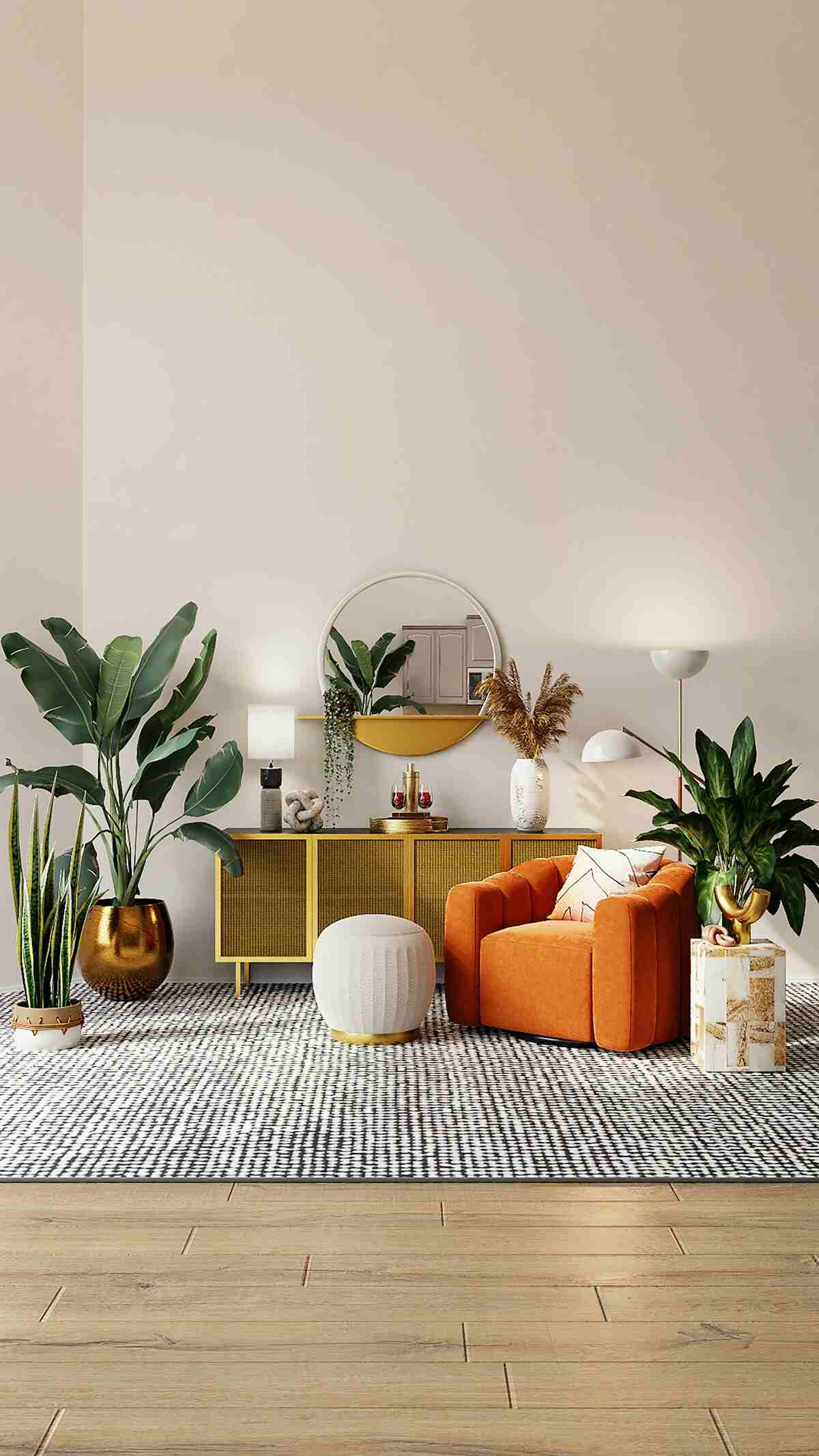 Artisan interior living room with curated wood furniture